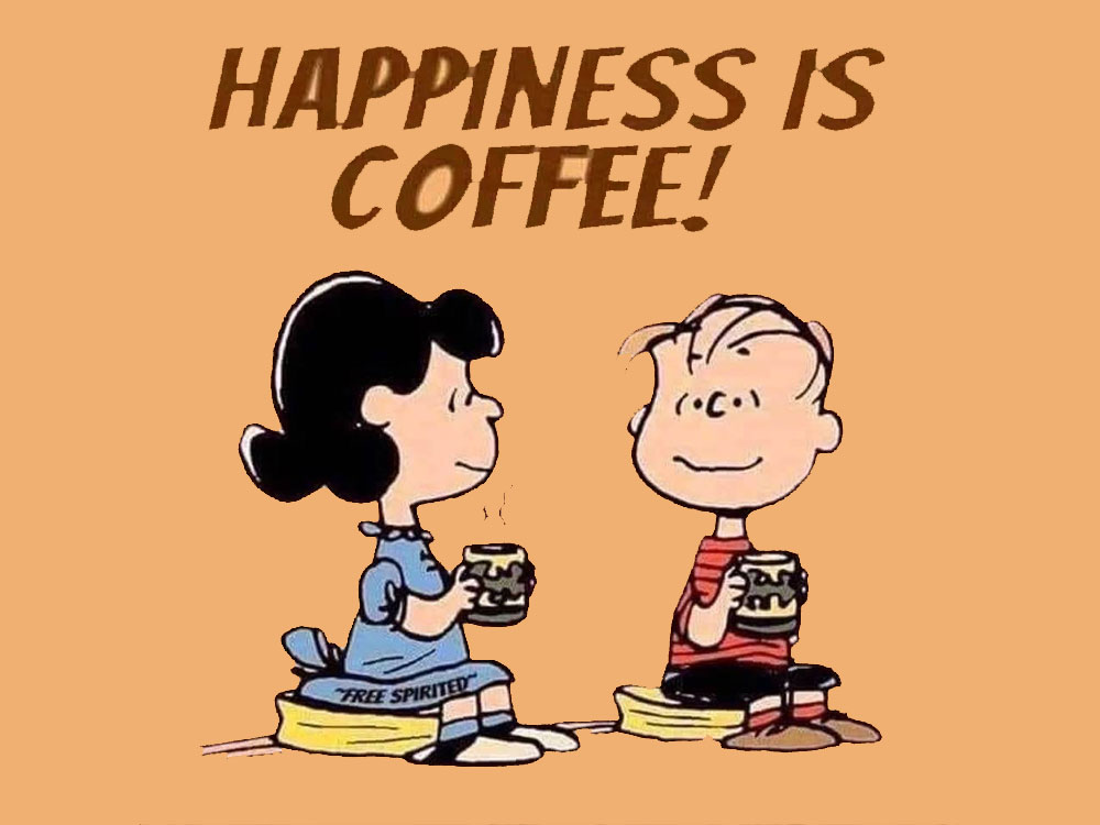 Lucy & Linus Cartoon Characters Drinking Coffee