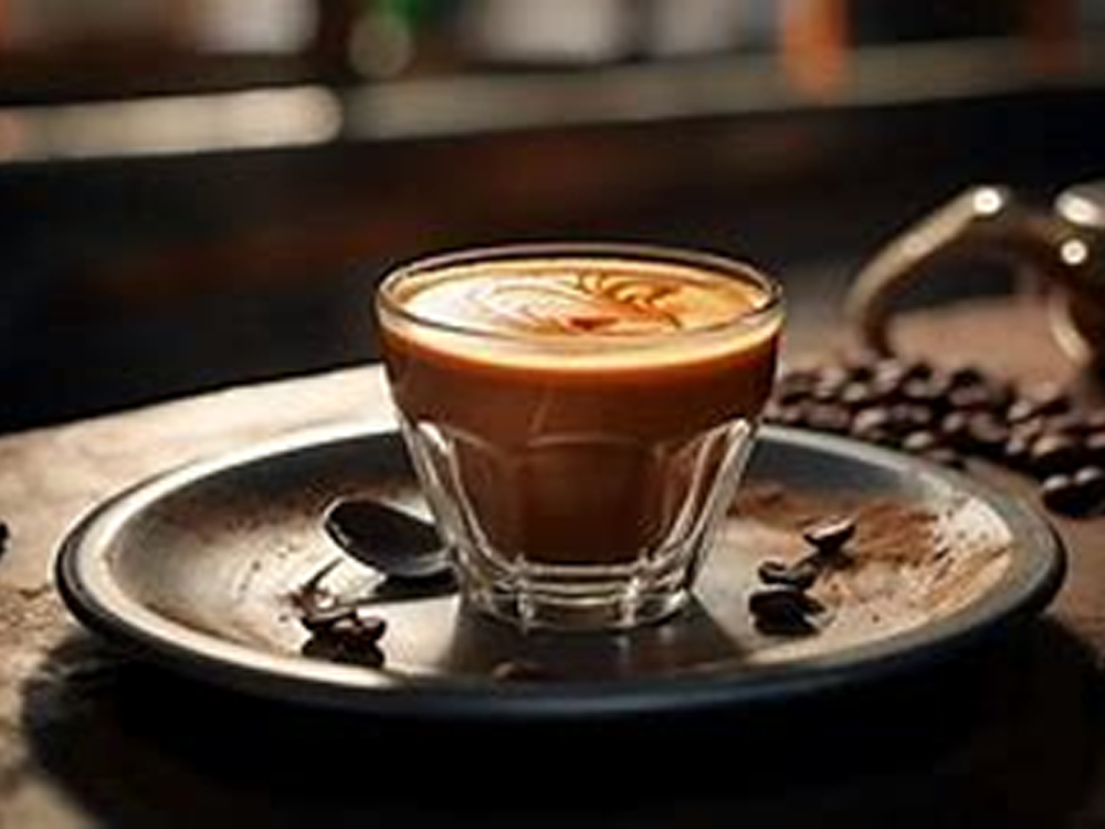 Freshly brewed double shot espresso with crema